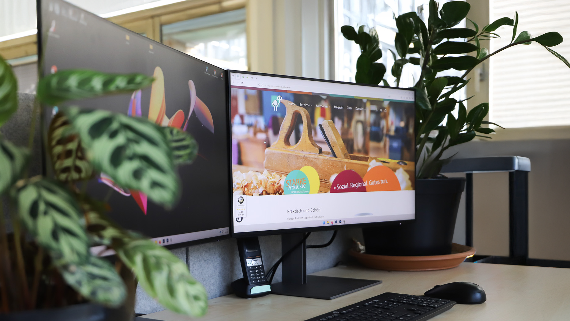 Banner, Zwei Monitore auf einem Schreibtisch, im Hintergrund grüne Pflanzen. Auf einem Monitor ist die Webseite der Johannes-Diakonie geöffnet