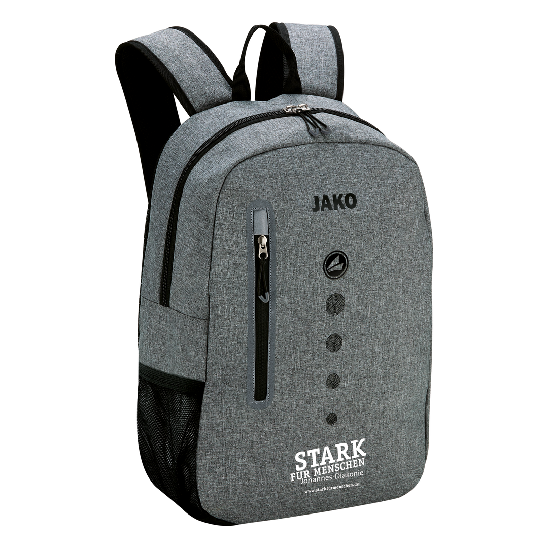Grauer Rucksack mit ,,Stark für Menschen" Schriftzug