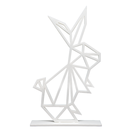 3D-gedruckter geometrischer Hase aus weißen Linien mit Sockel.