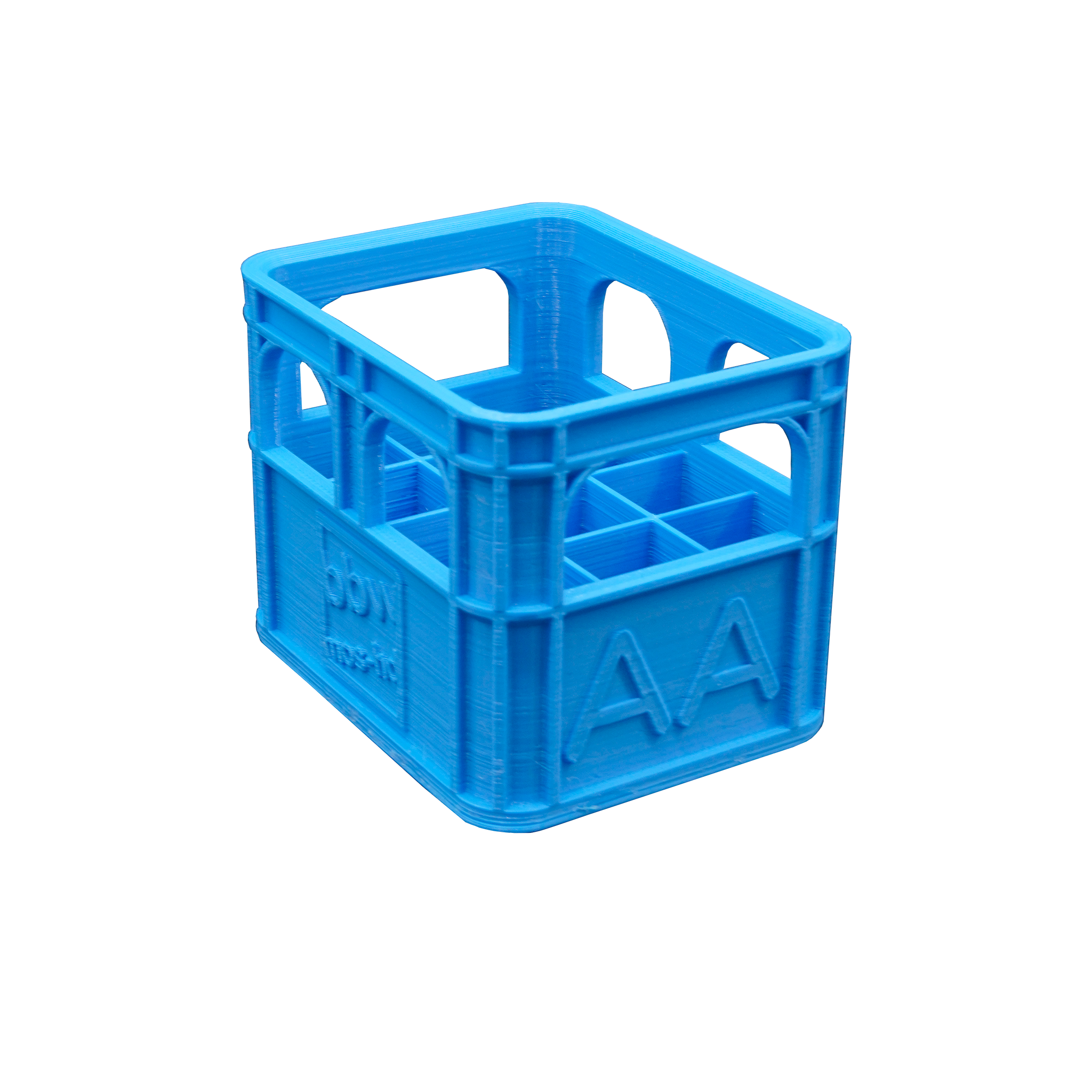Blaue 3D-Druck AA Batteriehalterung von der Seite.