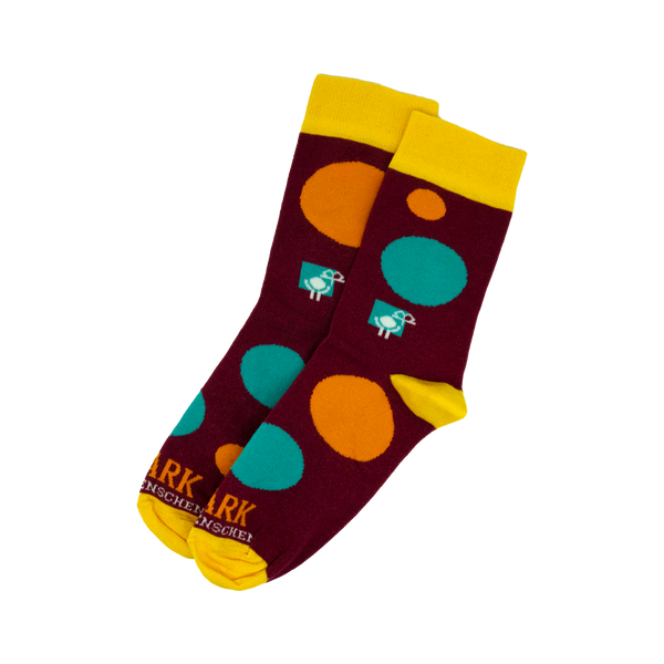 JoDi-Socken, Bunt, Aufschrift "Stark für Menschen" und Johannes-Diakonie Logo, Seitenansicht 