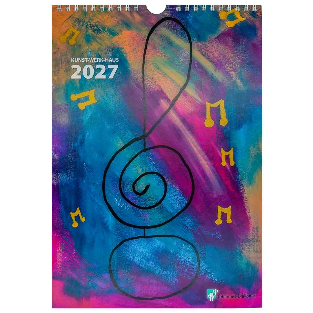 Das Deckblatt des Kunst-Werk-Haus-Kalenders 2027 in den Farben blau und lila mit einem großen Notenschlüssel.