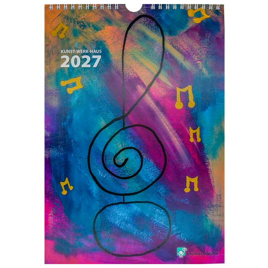 Das Deckblatt des Kunst-Werk-Haus-Kalenders 2027 in den Farben blau und lila mit einem großen Notenschlüssel.