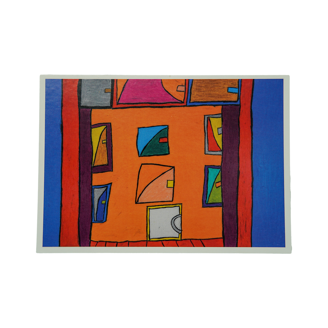 Postkarte von vorne mit passendem Motiv zu "Haus Odenwald Tasse": Bunte Kästchen mit orangenem Hintergrund und  jeweils einem Streifen in dunkelblau, rot und rotbraun von oben nach unten.