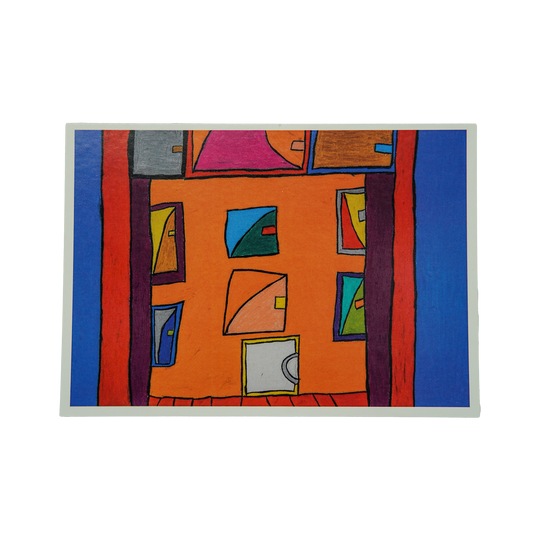 Postkarte von vorne mit passendem Motiv zu "Haus Odenwald Tasse": Bunte Kästchen mit orangenem Hintergrund und  jeweils einem Streifen in dunkelblau, rot und rotbraun von oben nach unten.