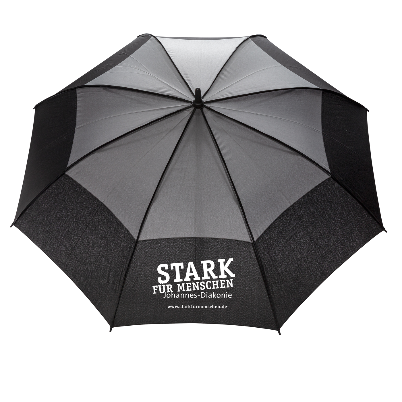 (Grau-schwarzer Regenschirm mit ,,Stark für Menschen" Schriftzug