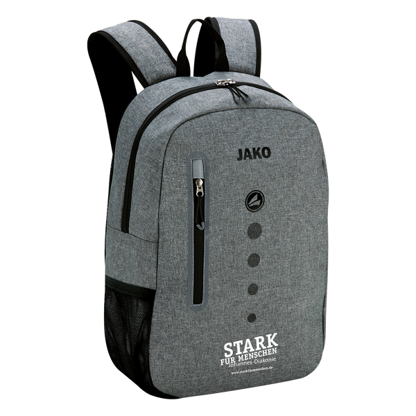 Grauer Rucksack mit ,,Stark für Menschen" Schriftzug