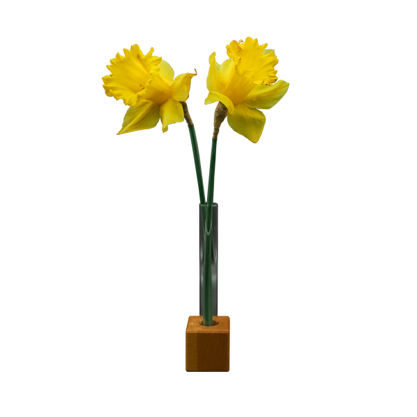 Würfel-Vase-Blumen, Was aus Holz mit einem Reagenzglas und 2 Blumen darin